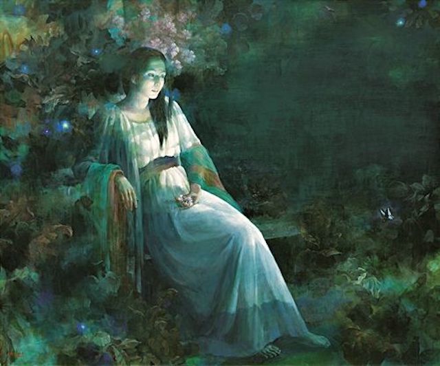 A serene painting of Shitateru-hime, a goddess from the Japanese Kojiki, seated in a dim, mystical forest. Soft green and blue light surrounds her as she gazes quietly at a small shining object in her hands. Her white robe glows gently in the darkness, and faint orbs of light float around her, creating an atmosphere of sorrow, devotion, and otherworldly beauty.