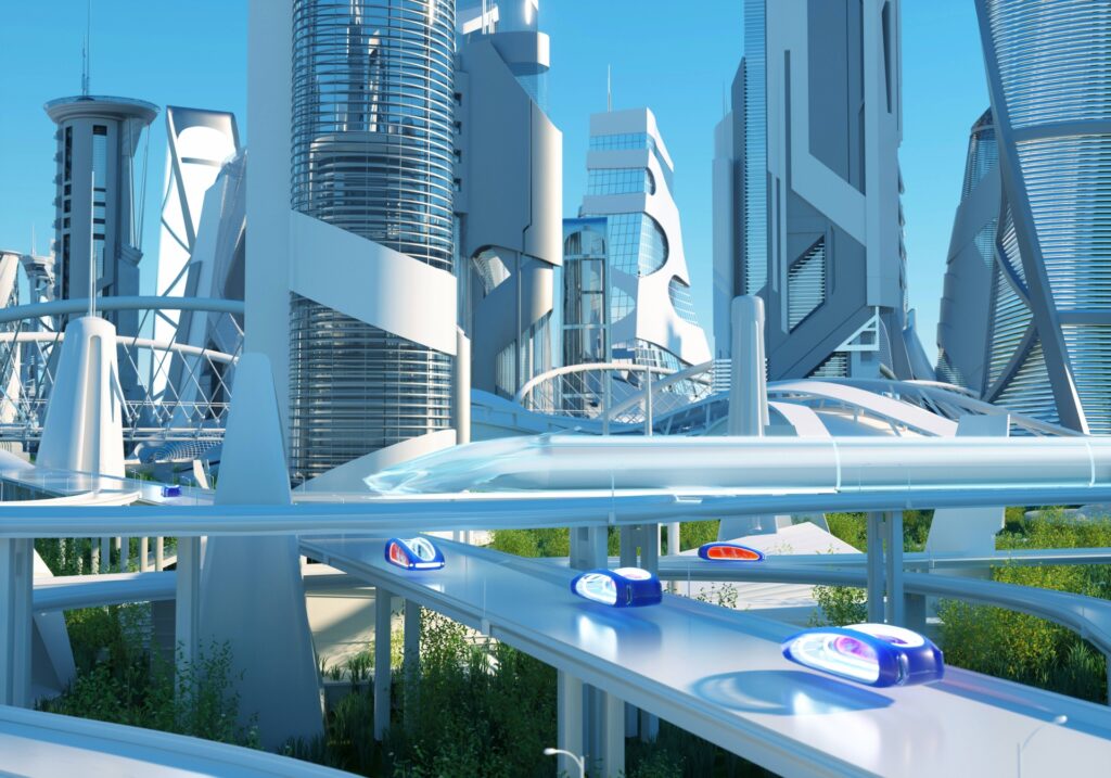 A futuristic eco-city with sleek high-rise buildings, elevated transparent transport lanes, and autonomous pod-like vehicles moving through a clean, green urban landscape.