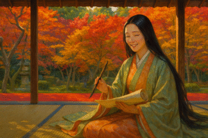 A semi-realistic digital painting of Sei Shōnagon, the Heian-period court lady and author of The Pillow Book, dressed in an elegant twelve-layered kimono. She is seated gracefully on tatami flooring, holding a writing brush and a scroll, smiling warmly as if inspired by her thoughts. Behind her, the vivid autumn foliage of Kyoto’s Enkō-ji Temple glows in shades of red, orange, and gold, creating a radiant and timeless atmosphere.