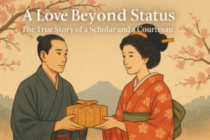 A delicate illustration of a young Edo-period scholar and a kind courtesan meeting under a soft sunset near a traditional Japanese inn. The scholar wears simple robes, while the courtesan gently offers him coins with a serene smile. The scene radiates quiet warmth and mutual respect, symbolizing a love that transcends social status.