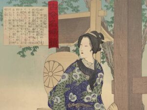 An elegant woodblock-style portrait of Toki Kurosawa, Japan’s first female elementary school teacher. She stands in front of a traditional temple structure, dressed in a detailed kimono with floral and geometric patterns, her expression calm and composed. A vertical red banner and a block of classical Japanese text frame the image, adding historical context and reverence.