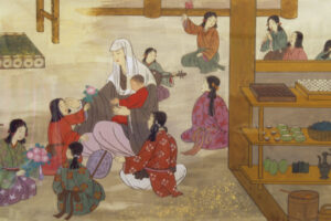 A painting depicting Wake no Hiromushi gently embracing orphans, surrounded by children offering flowers and playing music. The scene symbolizes compassion and the nurturing spirit of foster care. (Source: Wake Shrine, 1385 Fujino, Wake Town, Okayama Prefecture, Japan – https://wake-jinjya.com/)