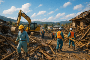 Workers in helmets and safety vests clear rubble with heavy machinery after an earthquake, symbolizing Japan’s culture of resilience, cooperation, and recovery.
