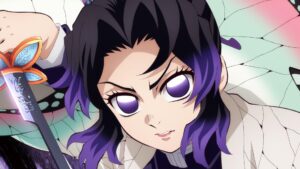 Close-up illustration of Shinobu Kocho from Demon Slayer: Kimetsu no Yaiba, holding her butterfly-themed sword with determination, symbolizing grace, strength, and resilience.