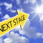 A bright yellow arrow labeled “NEXT STAGE” pointing toward the shining sun in a blue sky, symbolizing progress, awakening, and the transition to a new stage of civilization.