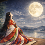 Kaguya-hime in a classical Japanese illustration, wearing a layered junihitoe robe and sitting on a traditional veranda, looking toward the full moon rising over a bamboo forest, symbolizing impermanence and quiet acceptance.