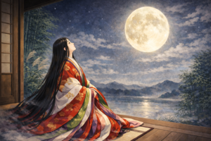 Kaguya-hime in a classical Japanese illustration, wearing a layered junihitoe robe and sitting on a traditional veranda, looking toward the full moon rising over a bamboo forest, symbolizing impermanence and quiet acceptance.