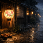 A quiet Edo-period street at night, illuminated by a glowing peony-patterned lantern hanging outside a wooden house, with rain-soaked stone pavement, empty geta sandals by the doorway, and warm lantern light fading into mist and darkness.