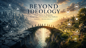 A cinematic illustration symbolizing the journey beyond ideology—from an Entity-centered civilization to a Relation-centered civilization where relationships, hope, and human flourishing can endure.